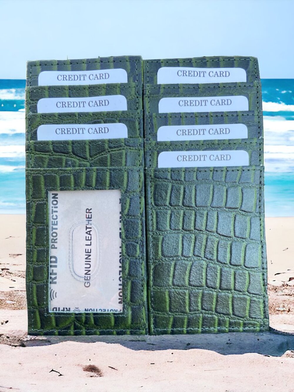 Green Croco Embossed Genuine Leather RFID Wallet w/ 8 Card Slots & ID Window